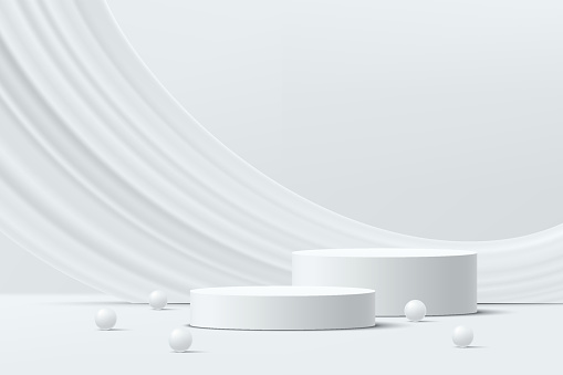 Abstract 3D white realistic 3D cylinder pedestal podium set, Liquid curve shape backdrop with white beads. Luxury minimal scene for product display presentation. Vector rendering geometric platform.