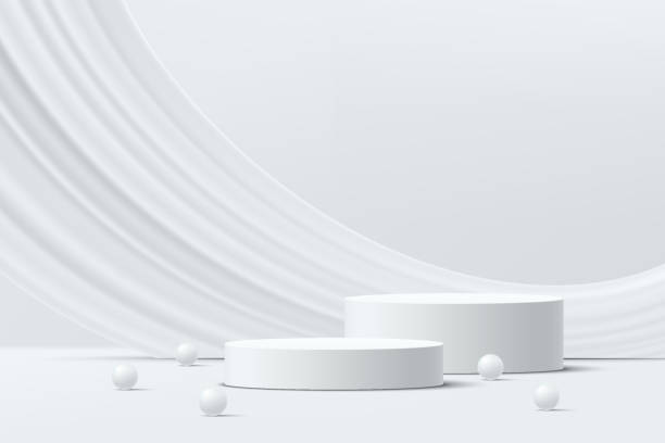 Abstract 3D white realistic 3D cylinder pedestal podium set, Liquid curve shape backdrop with white beads. Luxury minimal scene for product display presentation. Vector rendering geometric platform. vector art illustration