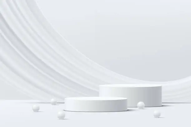 Vector illustration of Abstract 3D white realistic 3D cylinder pedestal podium set, Liquid curve shape backdrop with white beads. Luxury minimal scene for product display presentation. Vector rendering geometric platform.