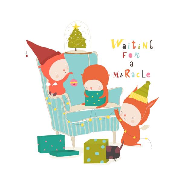 illustrazioni stock, clip art, cartoni animati e icone di tendenza di cartoon little angels celebra le vacanze invernali. buon natale - humor inspiration angel child