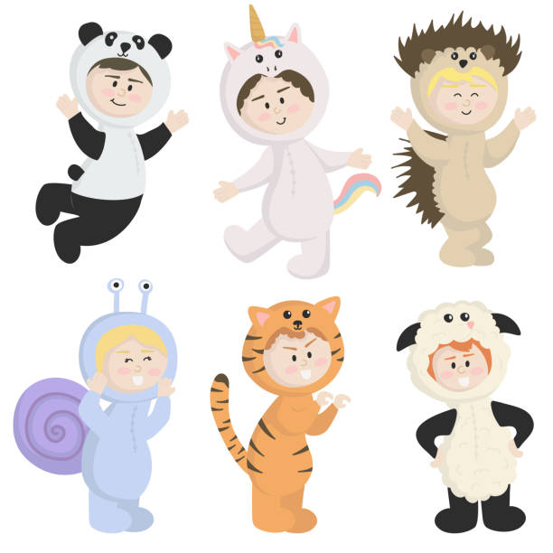 Vector set of children in animal costumes. Cute cartoon kids like panda, unicorn, sheep, hedgehog, tiger, snail Vector isolated illustration of a set of children in animal costumes. Cute cartoon kids like panda, unicorn, sheep, hedgehog, tiger, snail kid animal costume stock illustrations