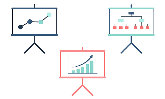 Set of three vectors of blue, teal and orange presentation whiteboards with bar charts, graphs and hierarchy showing structure and growth. Great as icons for infographics, business, growth and success