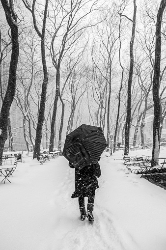 Pedestrians walking on Snow-Covered Streets of Bryant Park, Midtown Manhattan