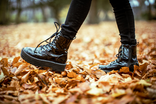 Black boots on fallen leaves covered ground. Autumn scene, background.