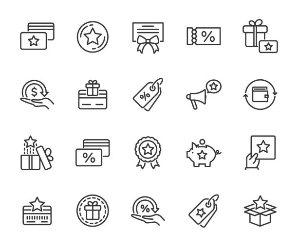 ilustrações de stock, clip art, desenhos animados e ícones de vector set of loyalty program line icons. contains icons cashback, bonus card, discount coupon, promotion, gift certificate, rewards program and more. pixel perfect. - redução