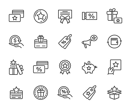 Vector set of loyalty program line icons. Contains icons cashback, bonus card, discount coupon, promotion, gift certificate, rewards program and more. Pixel perfect.