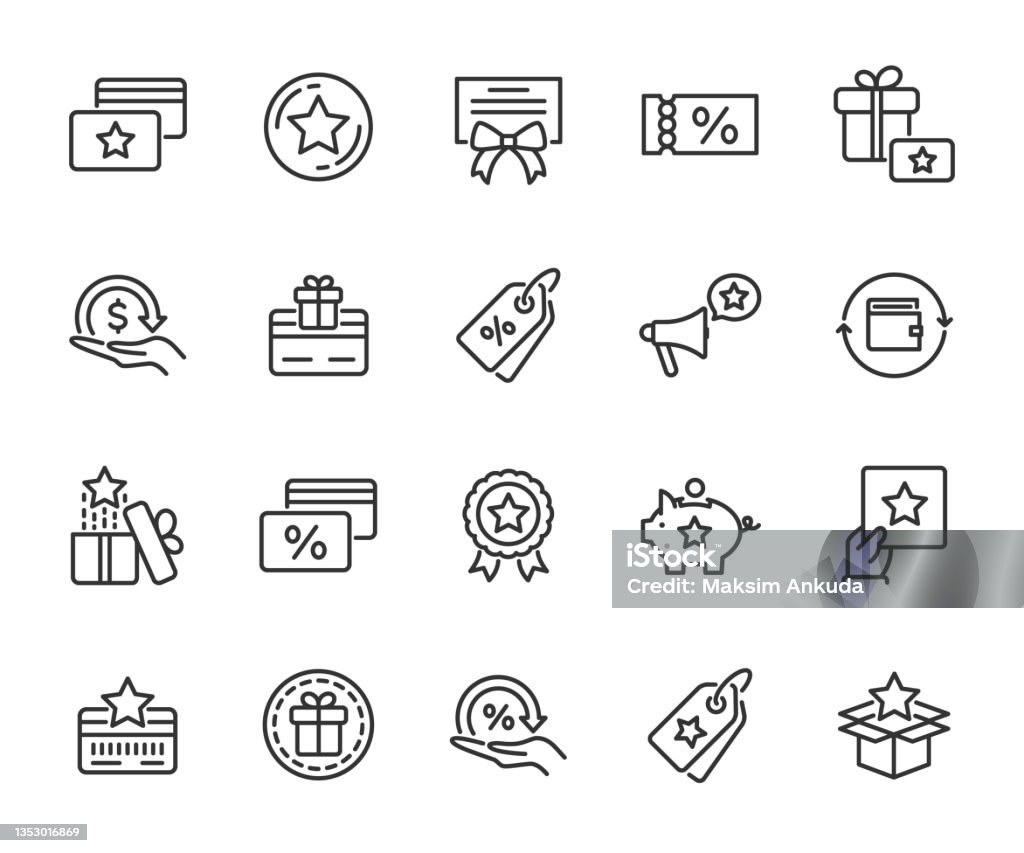Vector set of loyalty program line icons. Contains icons cashback, bonus card, discount coupon, promotion, gift certificate, rewards program and more. Pixel perfect. - 免版稅圖示圖庫向量圖形