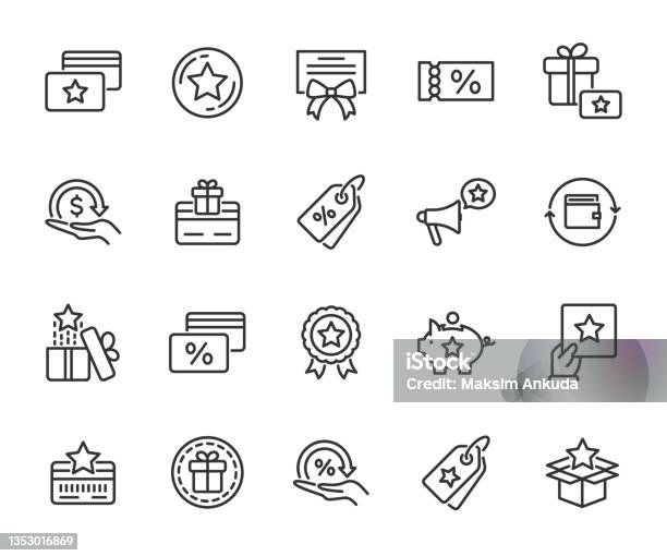 Vector Set Of Loyalty Program Line Icons Contains Icons Cashback Bonus Card Discount Coupon Promotion Gift Certificate Rewards Program And More Pixel Perfect向量圖形及更多圖示圖片