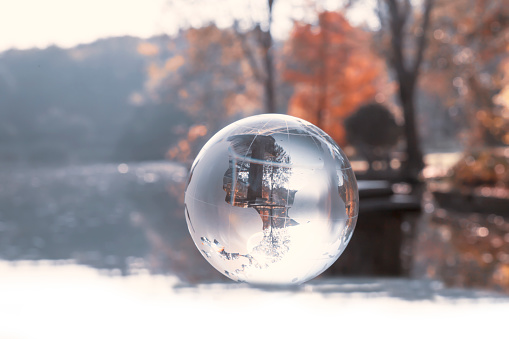 Winter Landscape, Background Bokeh Crystal Glass Sphere