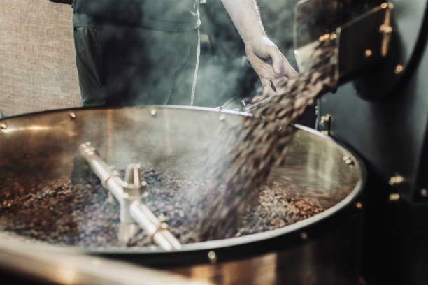 hombre vertiendo granos de café en la máquina tostadora. proceso de tostado de granos de café fresco en una cafetería - roasted machine bean mixing fotografías e imágenes de stock