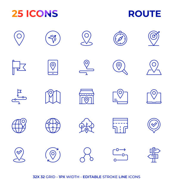 ilustraciones, imágenes clip art, dibujos animados e iconos de stock de serie de iconos de línea de trazo editable de ruta - global communications directional sign road sign travel