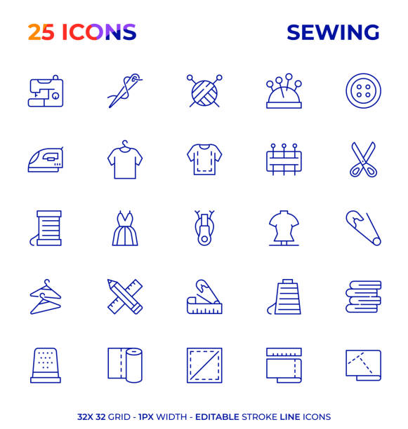 bearbeitbare konturlinien-icon-serie nähen - sewing tailor sewing machine needlecraft product stock-grafiken, -clipart, -cartoons und -symbole