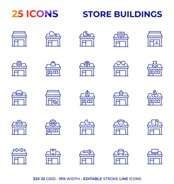 Vector illustration of Store Buildings Editable Stroke Line Icon Series