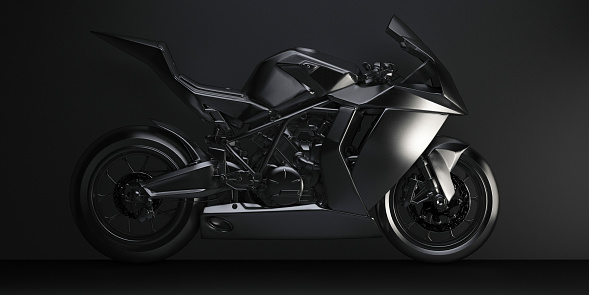 black sports motorcycle in the dark side view. 3d rendering