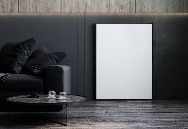 istock Home interior, luxury modern dark living room interior, black empty wall mock up, 3d rendering 1353020481
