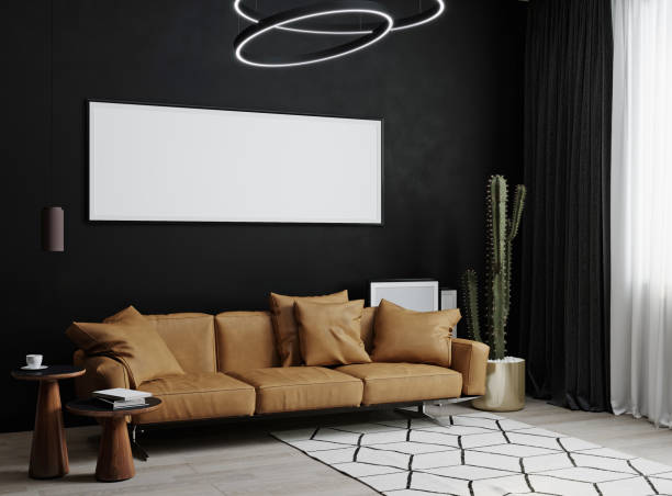 istock Horizontal Blank frames mock up in luxury dark living room interior background with leather sofa, luxury living room interior with empty picture frames, 3d rendering 1353020486