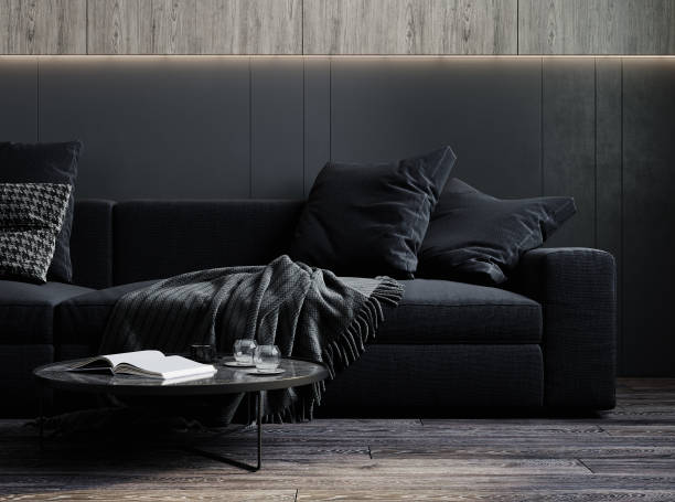 Home interior, luxury modern dark living room interior, 3d render