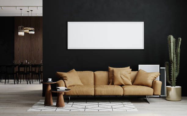 istock Blank picture frame mock up in dark room interior, 3d rendering 1353020500