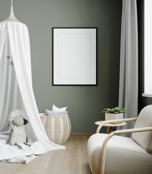 istock Mock up frame in green children room interior background, Scandinavian style, 3D render 1353020505