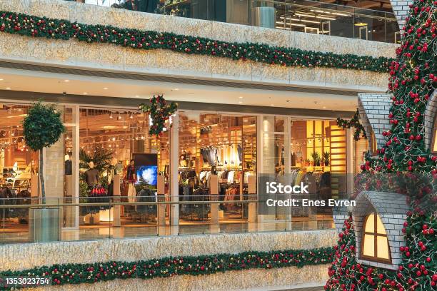 Christmas Celebration At Shopping Mall Stock Photo - Download Image Now - Christmas, Christmas Tree, Fashionable