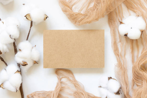 istock Blank card on white table with cotton flowers top view 1353024565