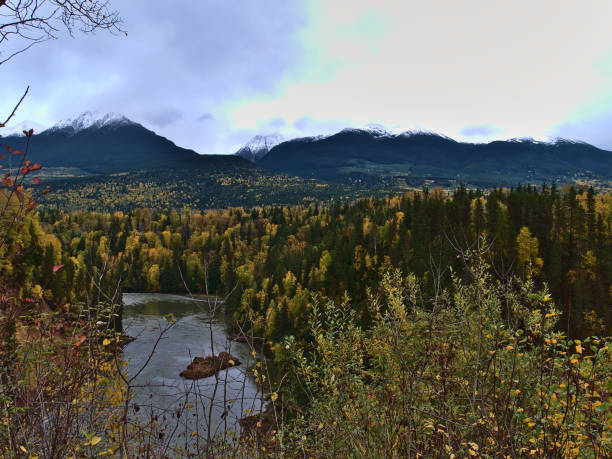 Landscape with Bulkley River in valley surrounded by colorful trees in autumn season with snow-capped mountains in background north of Smithers, Canada at Yellowhead Highway (16). Landscape with Bulkley River in valley surrounded by colorful trees in autumn season with snow-capped mountains in background north of Smithers, British Columbia, Canada at Yellowhead Highway (16). smithers british columbia stock pictures, royalty-free photos & images