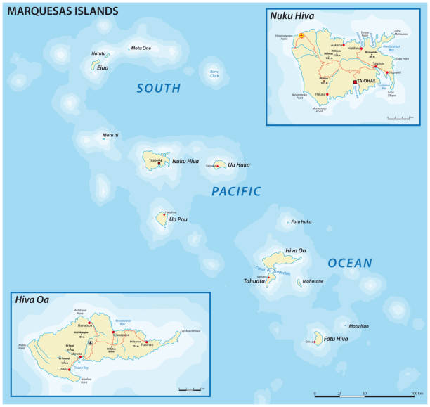 마르케스 제도의 벡터 지도, 프랑스령 폴리네시아 - marquesas islands stock illustrations