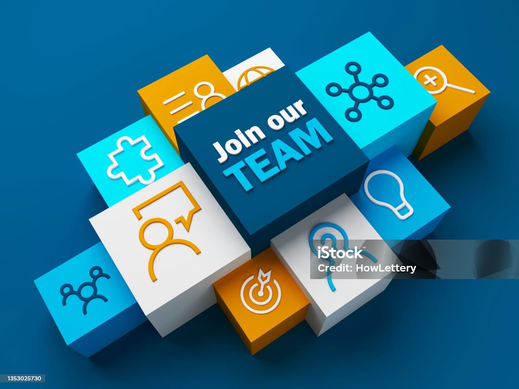 3D render of JOIN OUR TEAM business concept on dark blue background 3D render of JOIN OUR TEAM business concept with symbols on colorful cubes on dark blue background Recruitment Stock Photo