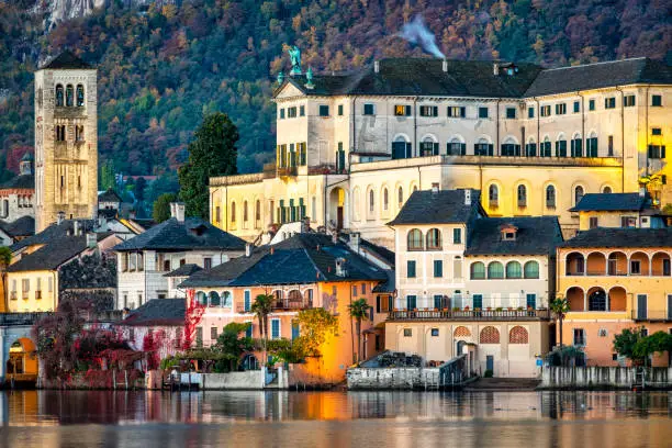 Detail of the palaces over the Orta San Giulio island, in the same name lake (Piedmont, Northern Italy); small lake of alpine origin, is UNESCO Site and home of a cloistered nuns convent.