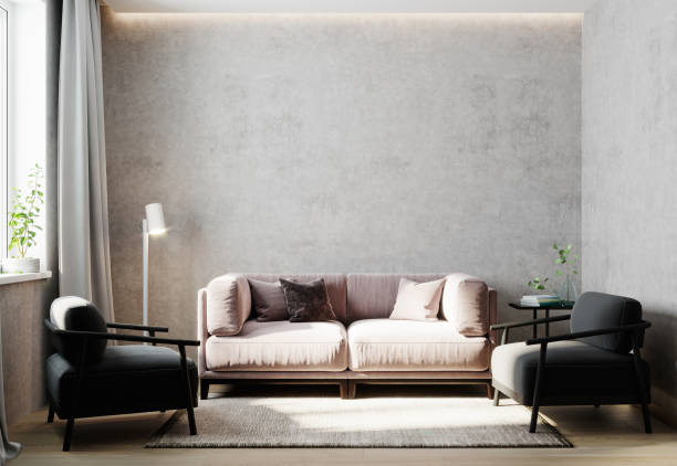 istock Light room interior, living room interior mockup with black chair, empty gray wall, 3d rendering 1353030631