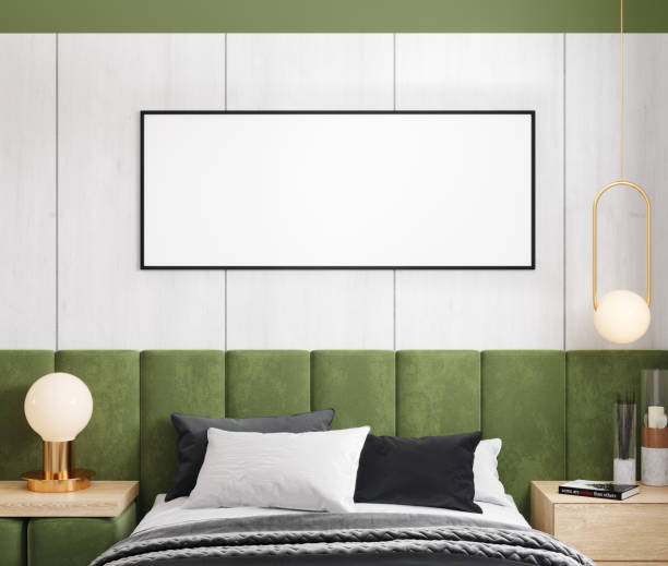 istock Mockup frame in contemporary bedroom design, bight bedroom, 3d rendering 1353030664