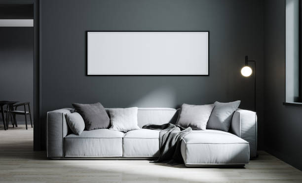 istock Poster frame mock up in modern living room interior background with light gray sofa and gray wall, minimalistic scandinavian style, 3d illustration 1353030671