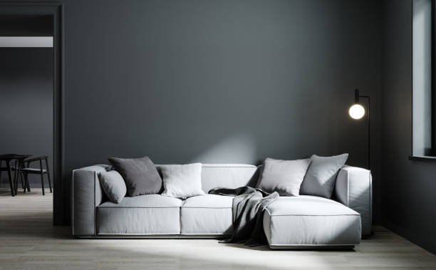 istock Scandinavian dark living room interior background, wall mockup, 3d render 1353030677