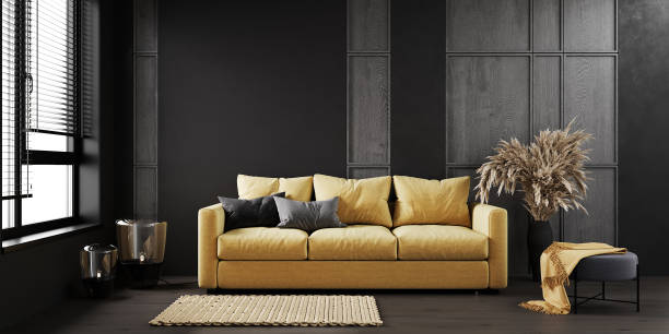 istock Home interior, luxury modern dark living room interior with yellow sofa, black wall mock up, 3d render 1353031421