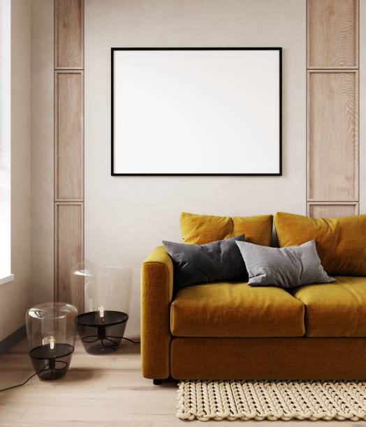 istock Mock up frame in home interior background, beige room in Scandi-Boho style, 3d render 1353031423