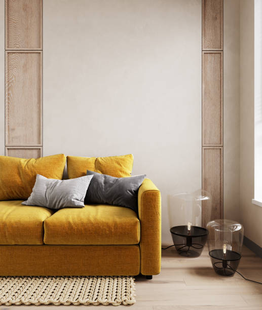 istock Modern interior with bright yellow sofa and decor. 3d render illustration mockup 1353031430