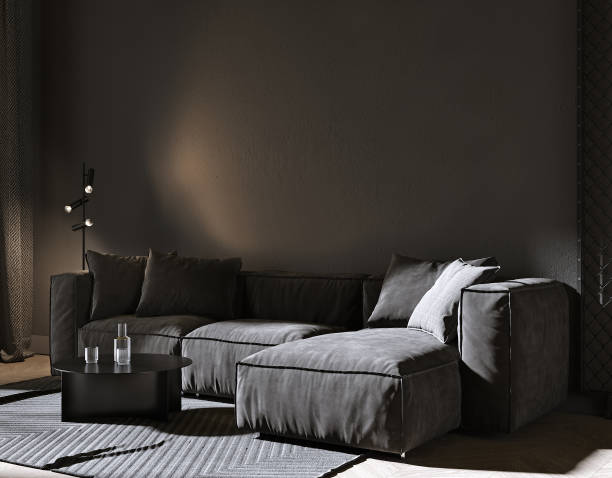 istock Luxury dark living room interior with gray sofa mock up, modern interior background, empty black wall mockup, 3d illustration 1353031437