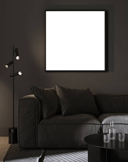 istock Blank square picture frame mock up in Modern room interior background with black wall and stylish black sofa and design  coffee table, elegant, luxury, 3d rendering 1353031438