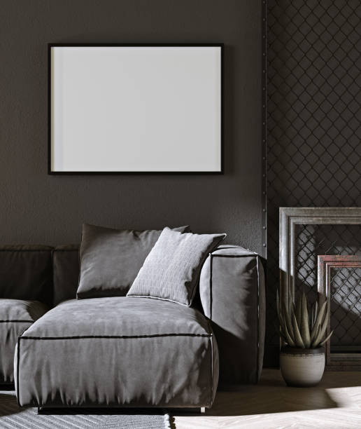 istock Mockup poster frame, Loft Living Room, Comfortable Sofa with pants, 3d render, 3d illustration 1353031442