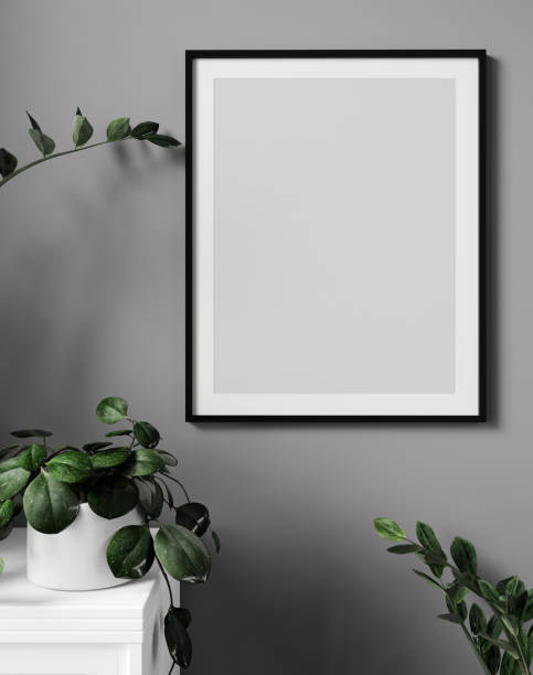 istock Black free frame with green plant on gray wall, 3d render, 3d illustration 1353031451