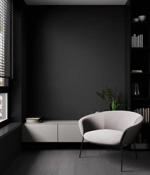 Photo of Modern luxury dark living room interior background with grey armchair, dark room interior mock up, black empty wall mockup, vintage living room mockup, 3d rendering