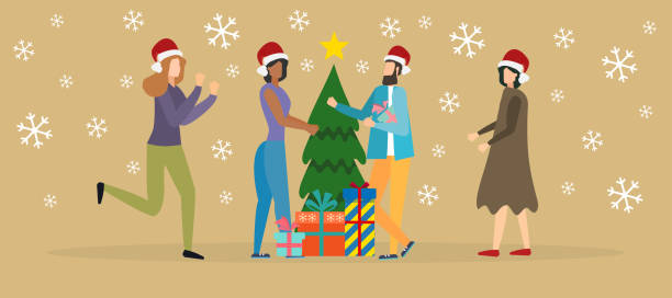 크리스마스 트리 근처에 서서 서로 이야기하고, 벡터 일러스트레이션을 하는 사람들 - 2270 stock illustrations