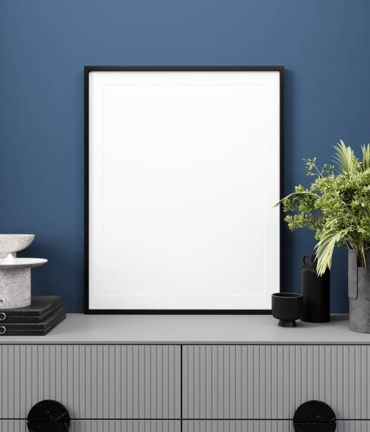 istock Mockup poster frame in minimalist modern interior background with blue wall, 3d render 1353031717