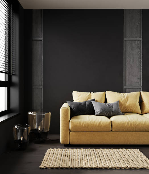 istock Black living room interior with yellow sofa, minimalist industrial style, 3d render 1353031726