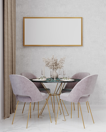 Living room design with empty horizontal frame mockup, pink chairs on white wall, 3d rendering