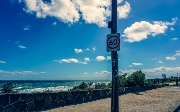 A road sign next to the Ocean in Australia.
