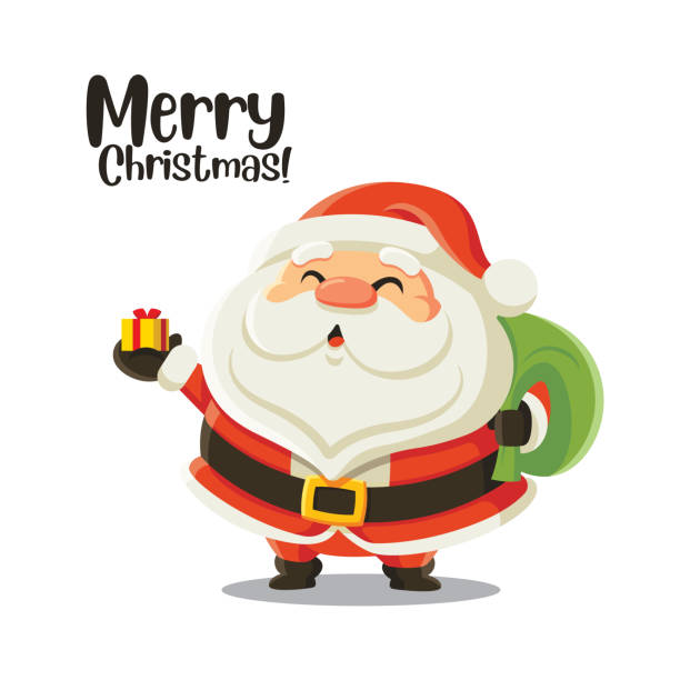 istock Merry Christmas lettering. Santa Claus holding Christmas gift box present on hand and carrying a bag. Christmas character in vector 1353031875