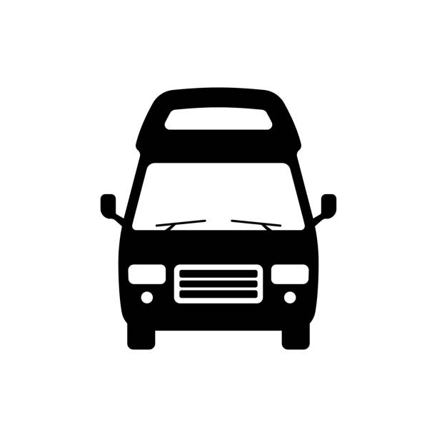Van icon. Motorhome, camper. Black silhouette. Front view. Vector simple flat graphic illustration. The isolated object on a white background. Isolate. Van icon. Motorhome, camper. Black silhouette. Front view. Vector simple flat graphic illustration. The isolated object on a white background. Isolate. bus livery stock illustrations