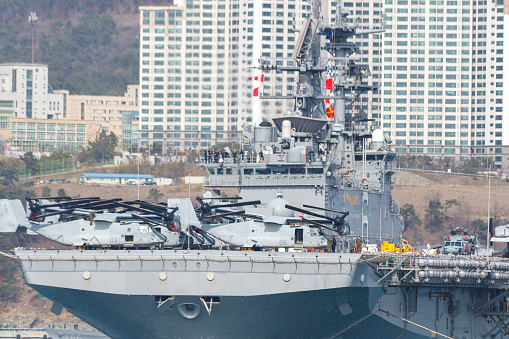Busan, South Korea - March 7, 2016: American aerocarrier costs at a mooring.