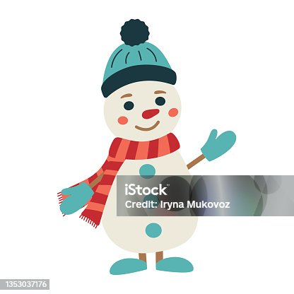 istock Snowman in a knitted hat, scarf, mittens and shoes 1353037176